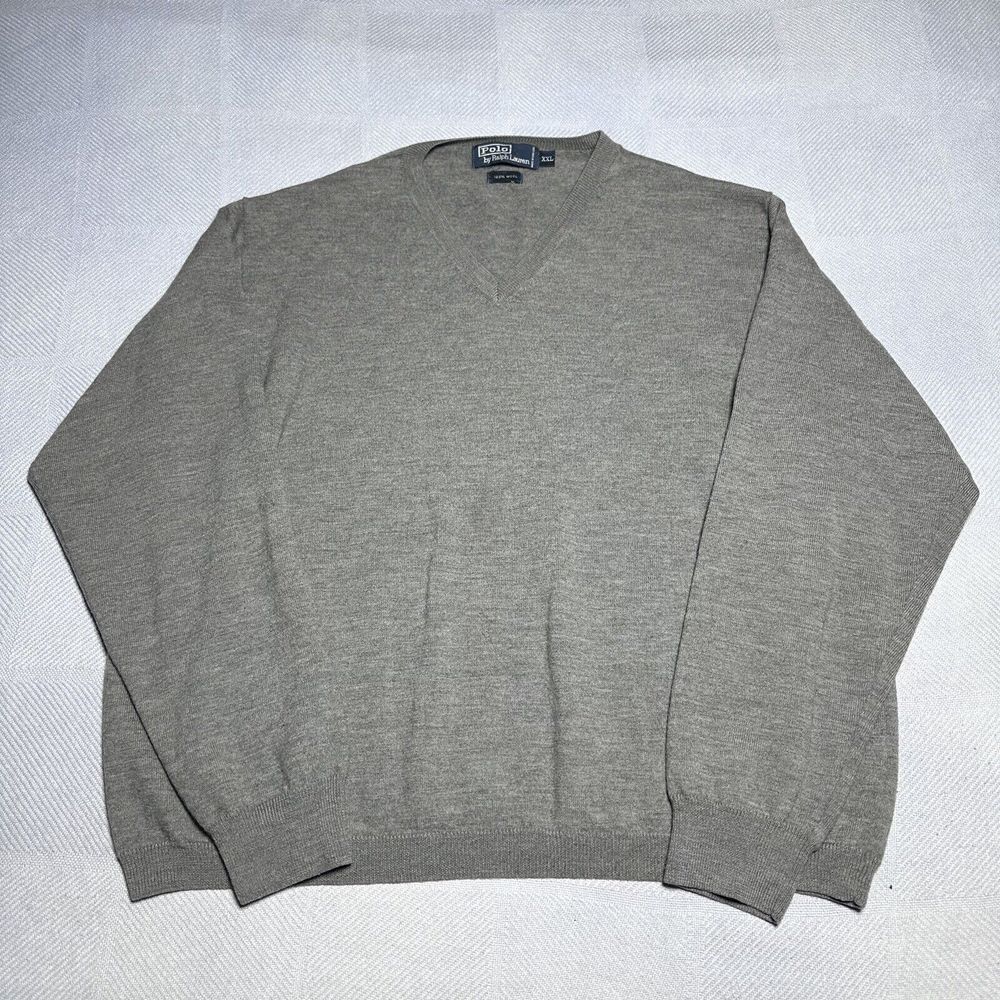 Polo by Ralph Lauren Gray 100% Wool V-Neck‎ Pullover Knit Sweater Size 2XL